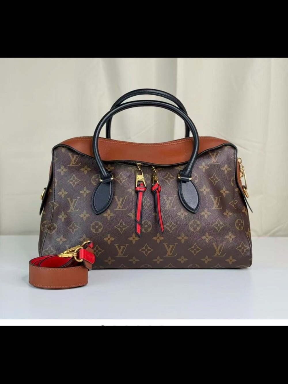 Louis Vuitton Tuileries Monogram Satchel with Brown, Black and Red Accents